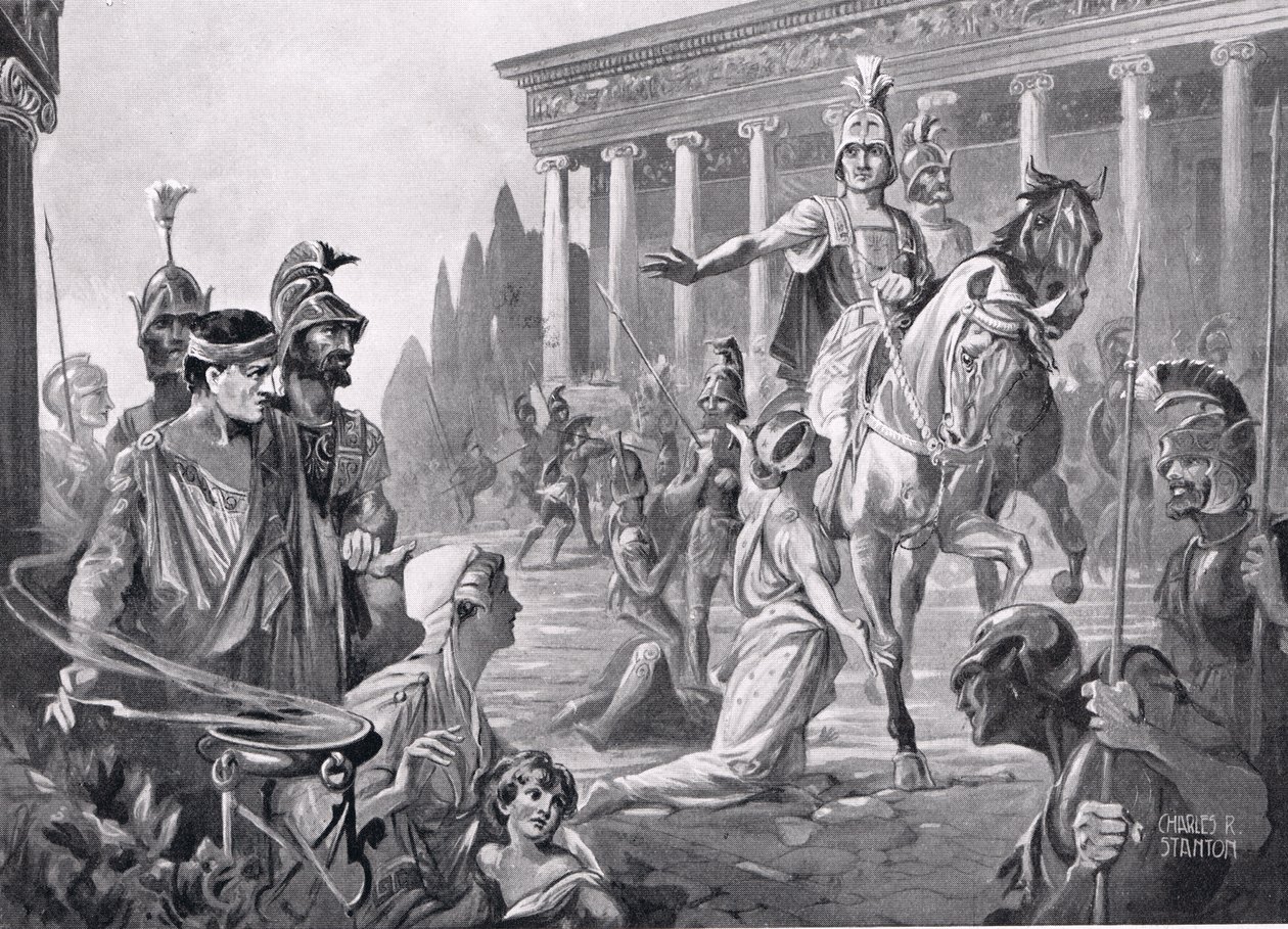 Alexandre lors du sac de Thèbes en 335 av. J.-C., illustration tirée de "Hutchinson