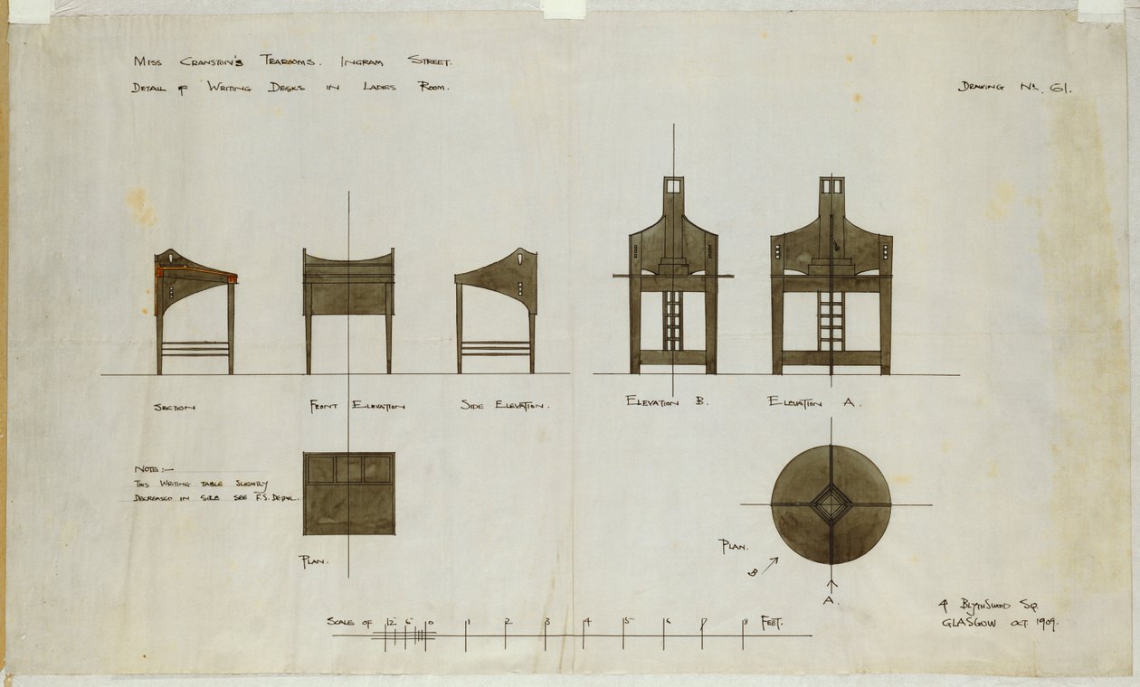 Conceptions pour des bureaux montrés en élévations frontale et latérale, pour les salons de thé Ingram Street, 1909 - Charles Rennie Mackintosh