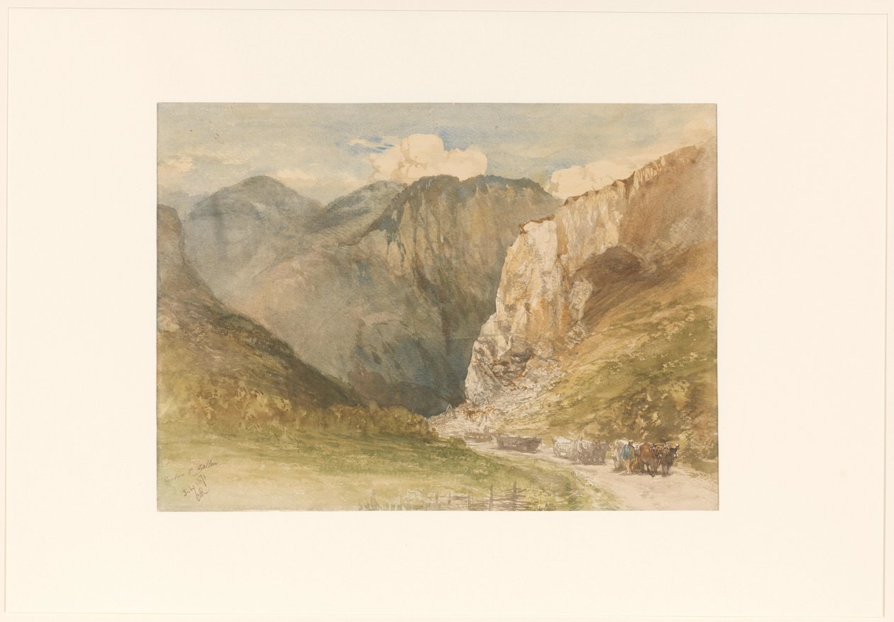Chariots à bœufs sur une route entre les montagnes dans le canton de Saint-Gall - Charles Rochussen