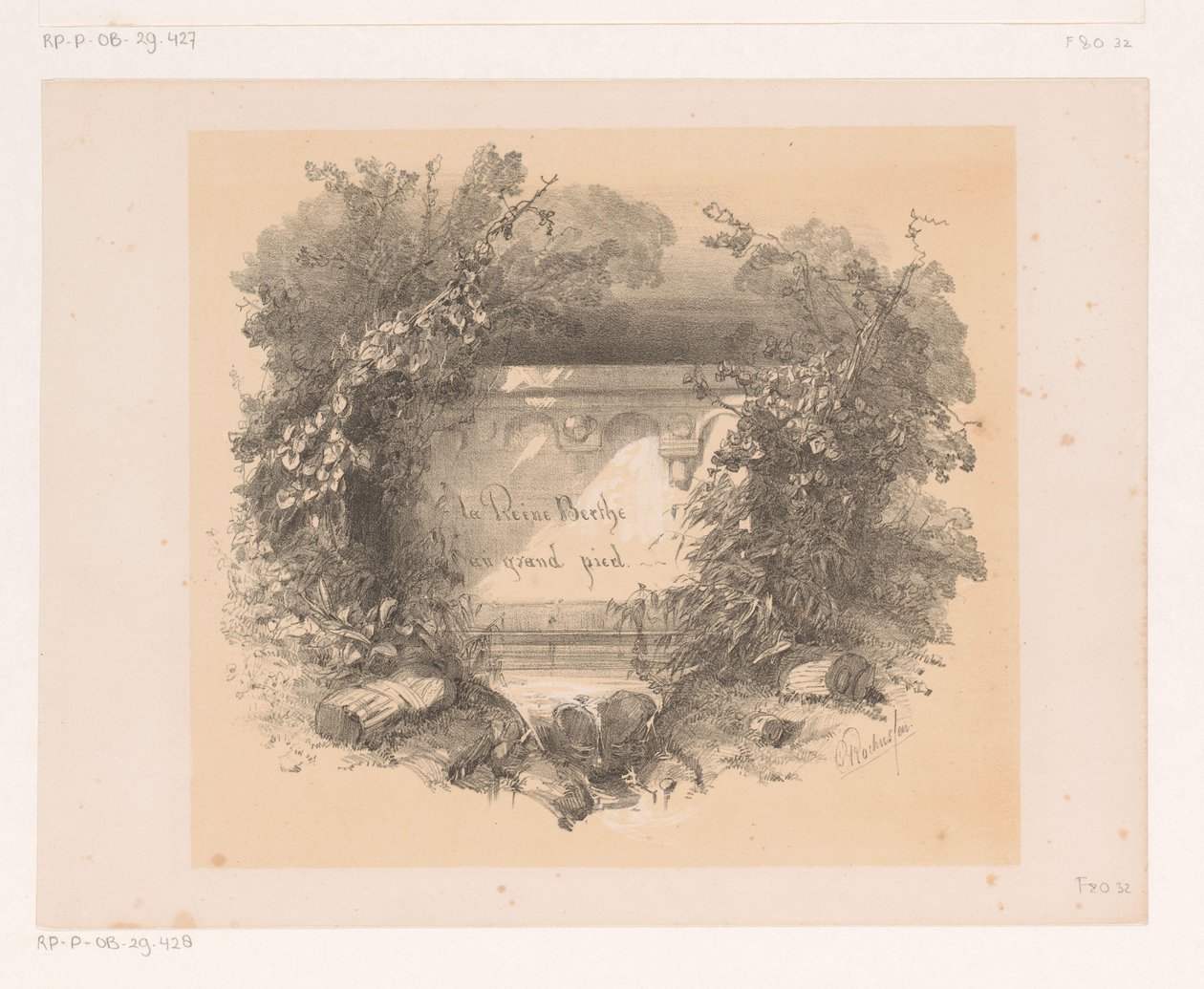 Titre sur mur dans un paysage (Titrepage pour: Jacques Collin de Plancy, La Reine Berthe au grand pied, 1842) - Charles Rochussen
