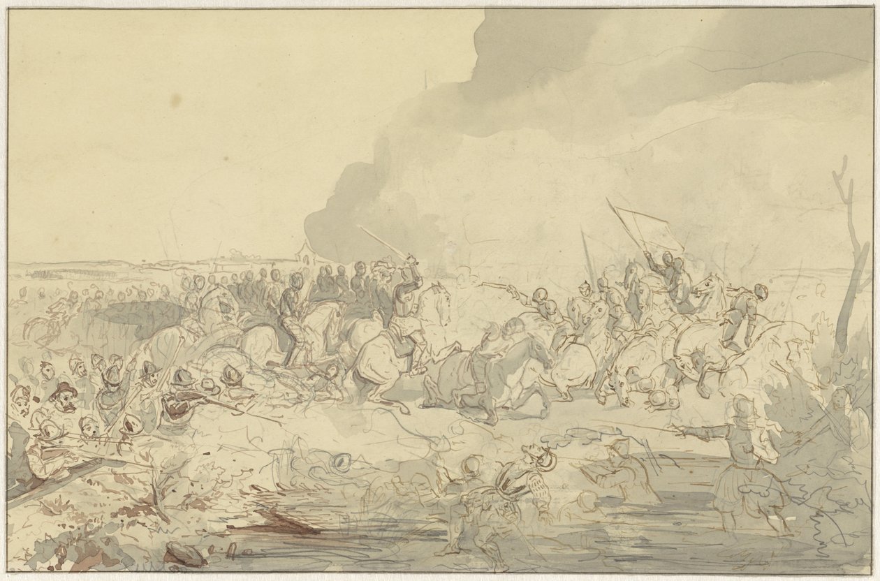 Bataille entre cavalerie et infanterie en tenue du XVIe siècle - Charles Rochussen