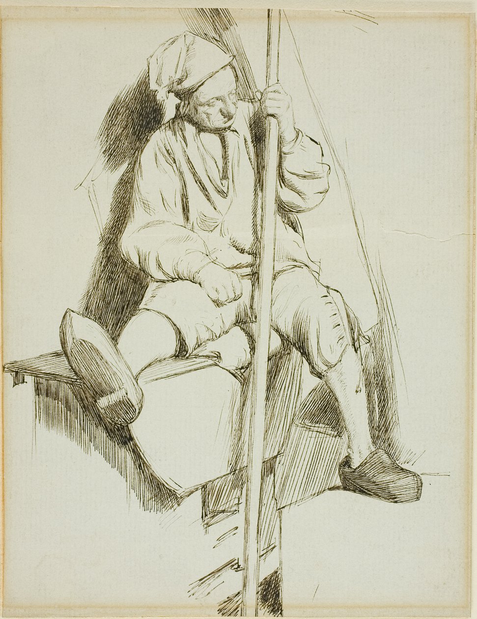 Homme assis, tenant un bâton dans la main gauche - Charles Samuel Keene