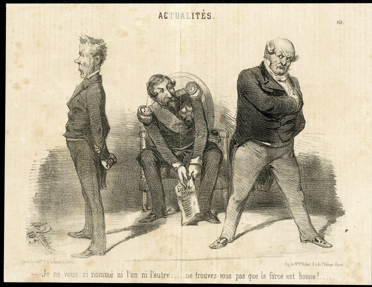 Illustration de Charles Vernier (? -1887) dans Le Charivari - Président de la République, Ministère, Fauteuil (symbole du pouvoir) - Napoléon III, Barrot Odilon (1791-1873), Ministre, Faucher Léon (1803-1854) - Charles Vernier