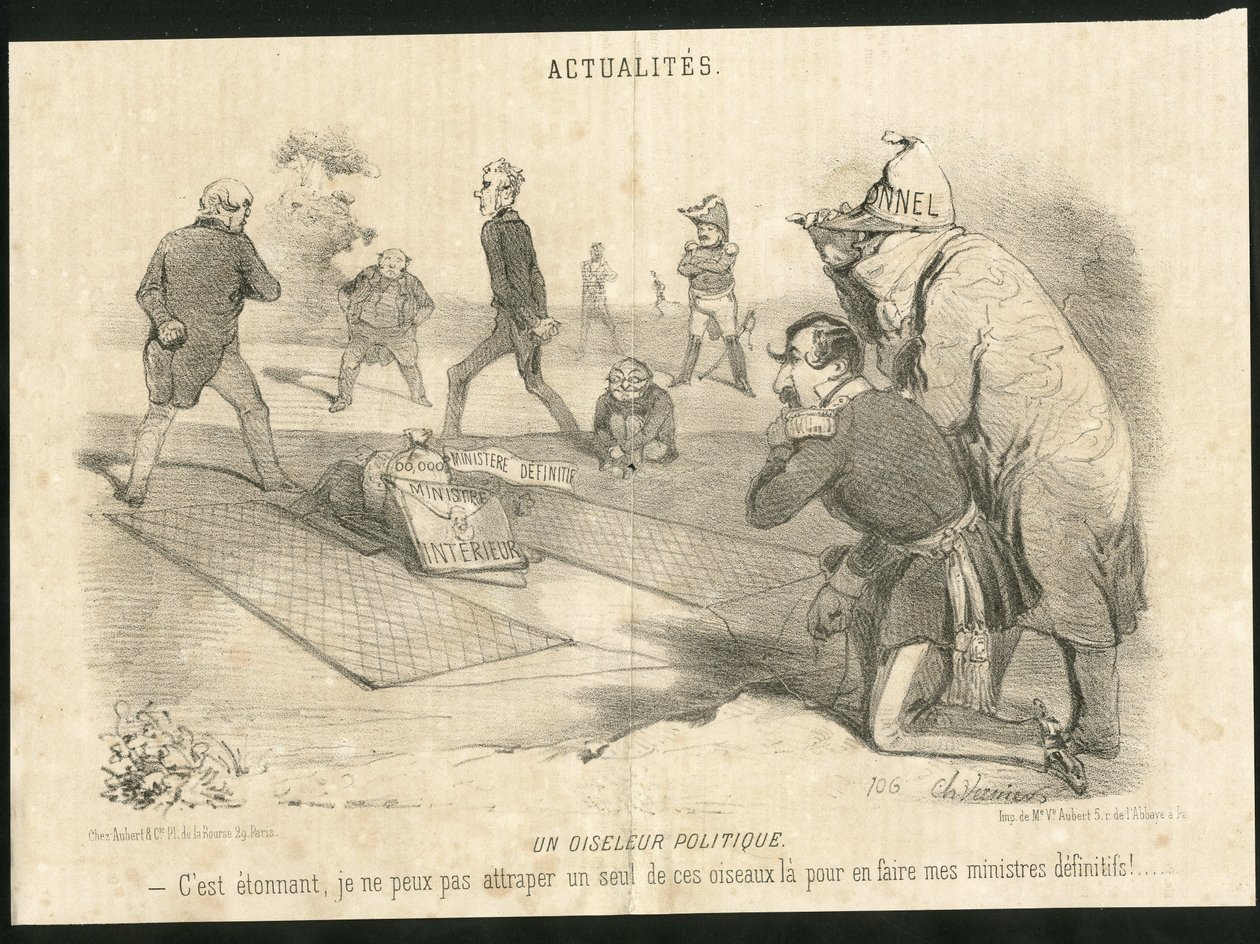 Illustration de Charles Vernier (? -1887) dans Le Charivari - Un oiseleur politique - Président de la République, Ministère de l