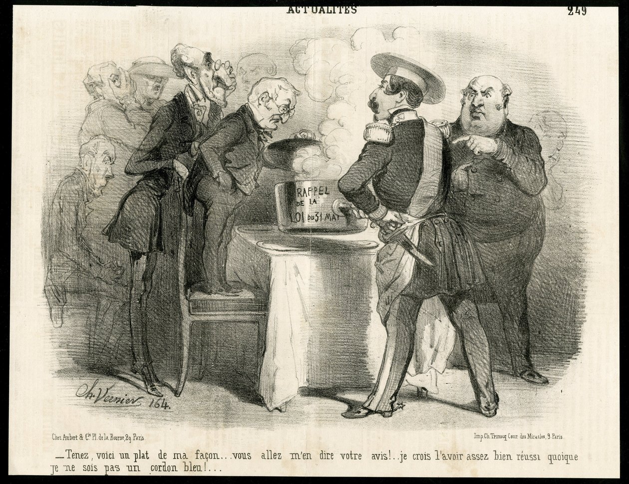 Illustration de Charles Vernier dans Le Charivari - Rappel de la loi du 31 mai 1850 - Élections, Président de la République, Taille, Loi, Droits de vote - Thiers Adolphe, Napoléon III, Dupin André-Marie dit Dupin aîné - Charles Vernier