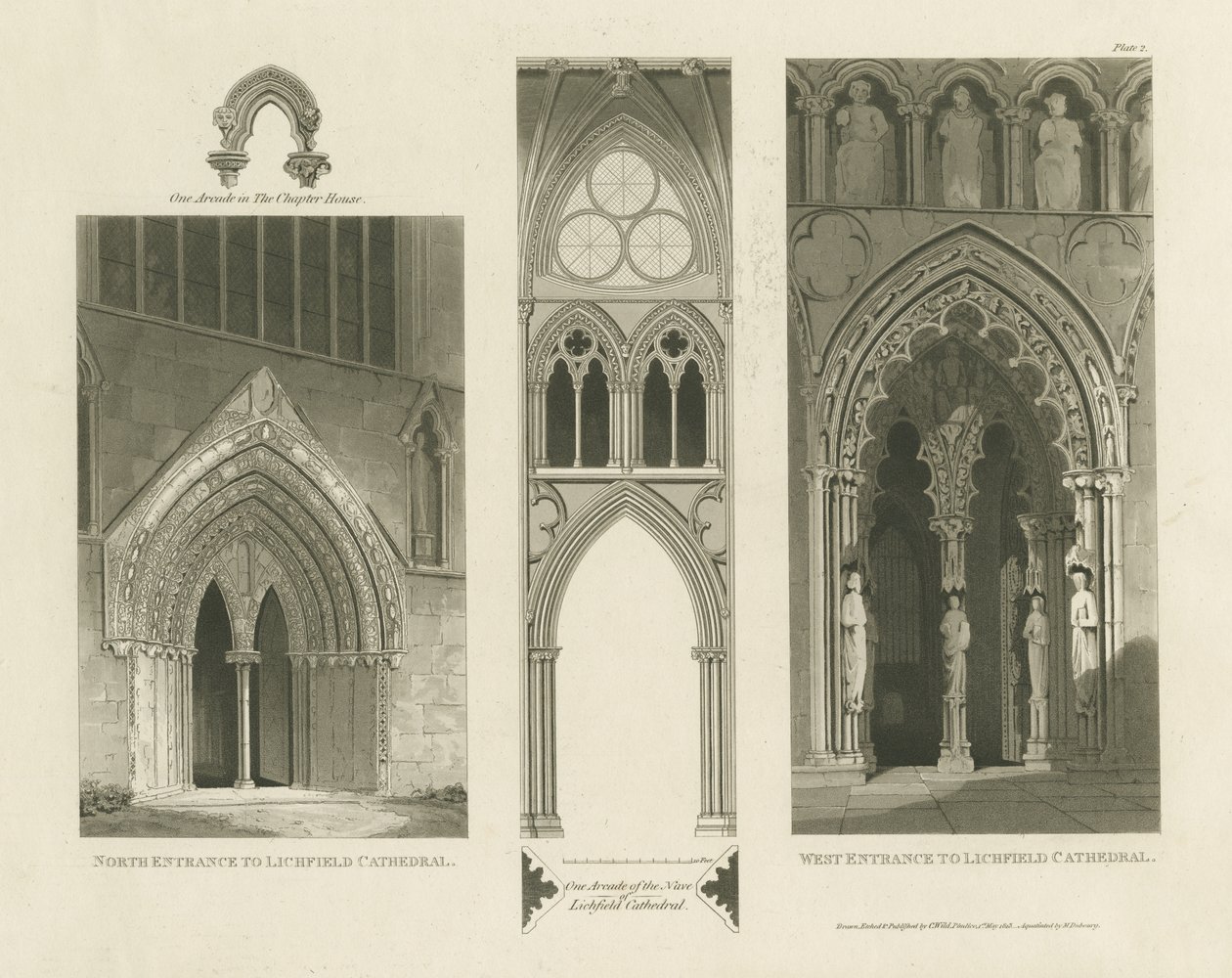 Cathédrale de Lichfield - Entrée Ouest, Entrée Nord et Nef (gravure aquatinte) - Charles Wild