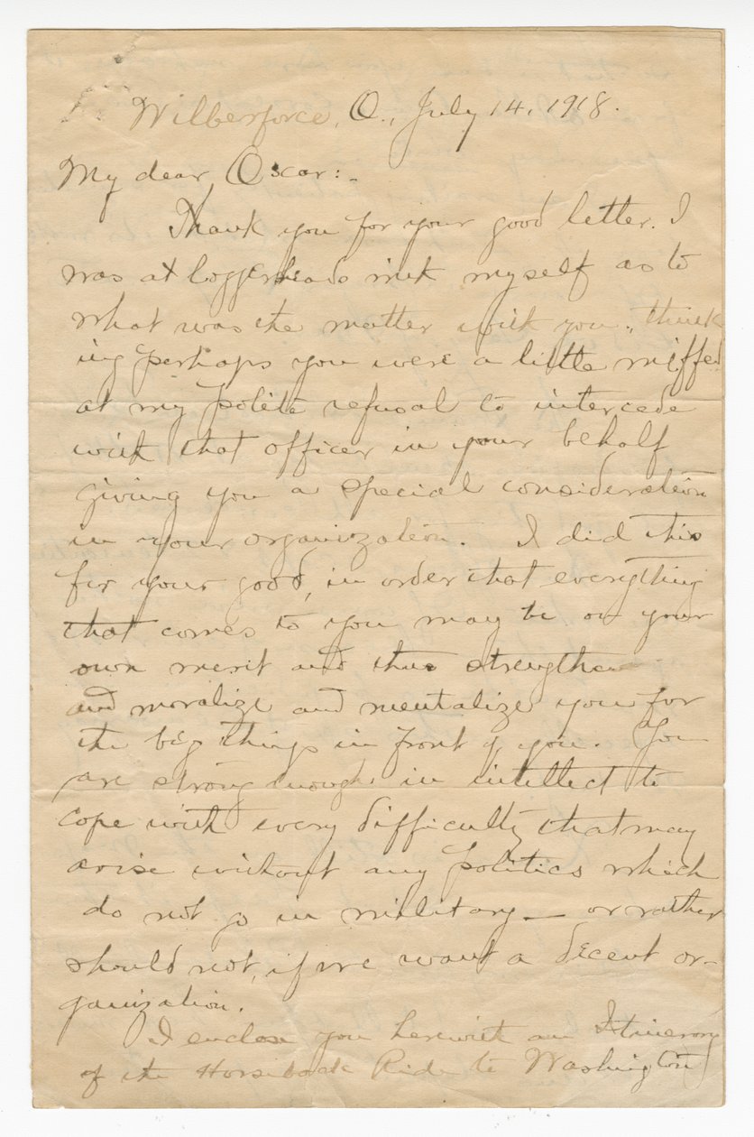 Lettre à Oscar W. Price du Colonel Charles Young, 14 juillet 1918 - Charles Young