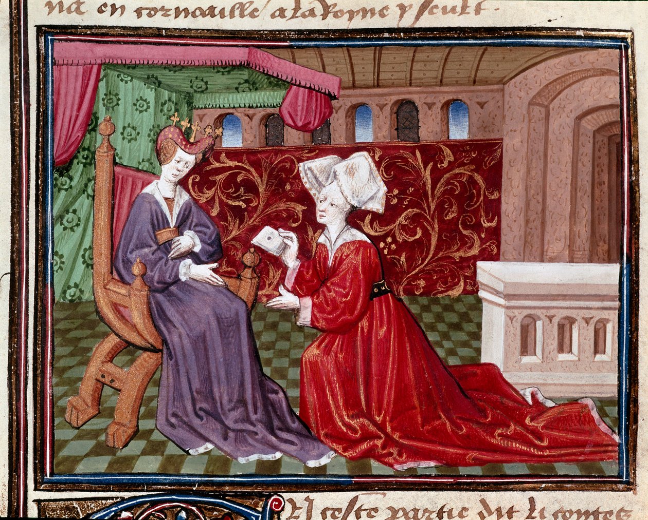 Une servante portant une lettre à la reine Iseut. Miniature tirée du 