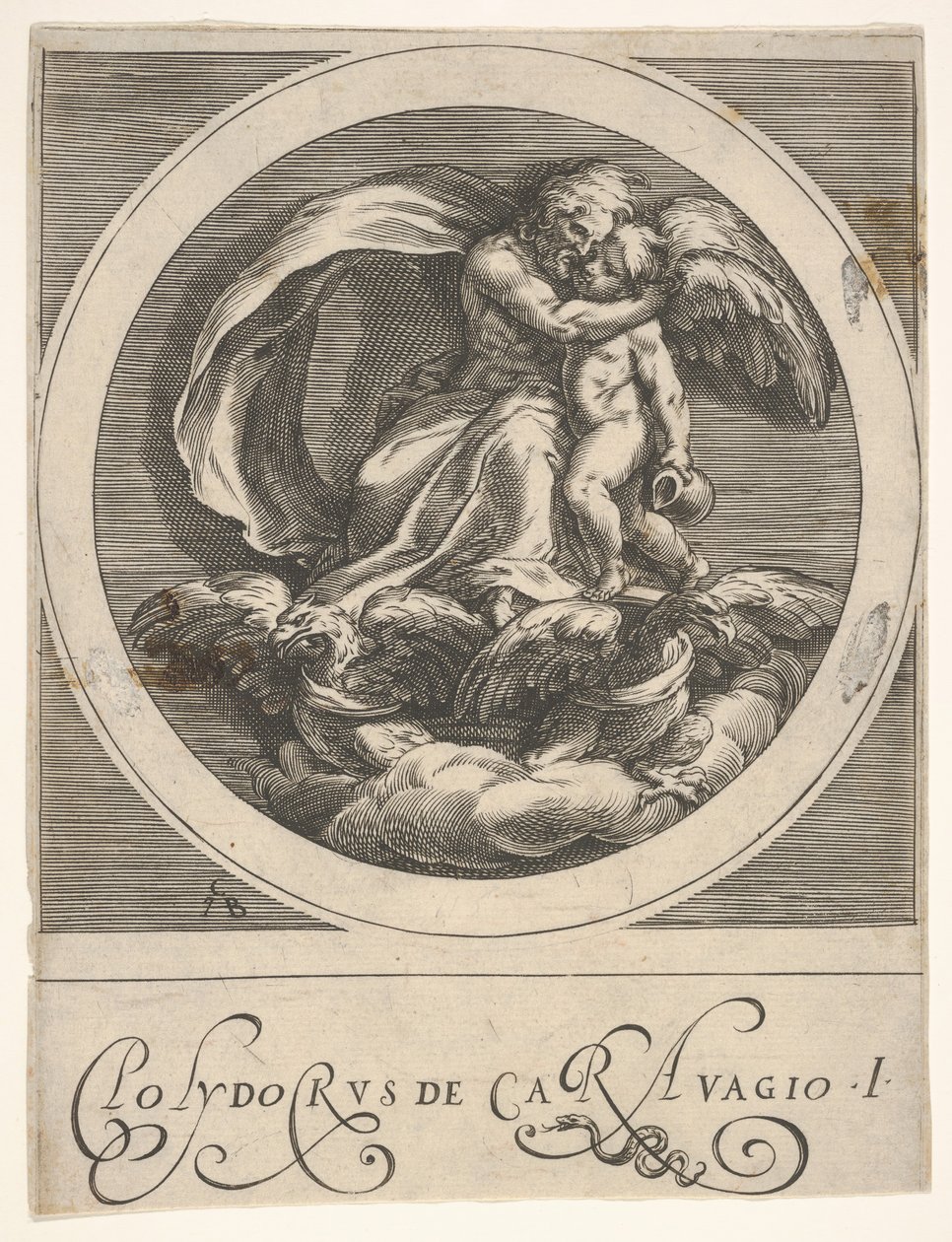 Jupiter, assis au-dessus de deux aigles et embrassant Cupidon, une composition ronde d