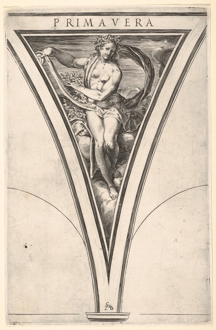 Printemps Primavera représentée comme une femme portant un drapé flottant et des guirlandes..., vers 1570-1615 - Cherubino Alberti