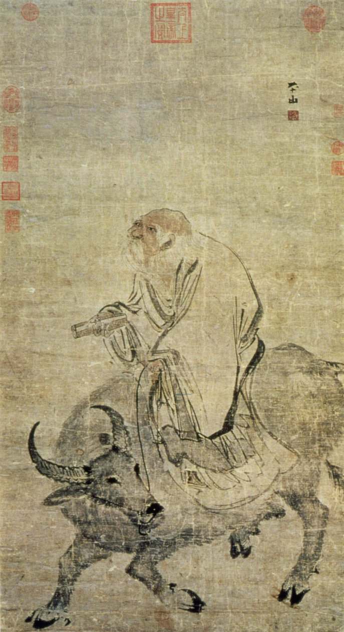 Lao-tzu (c.604-531 av. J.-C.) chevauchant son bœuf, chinois, dynastie Ming (1368-1644) - Chinese School