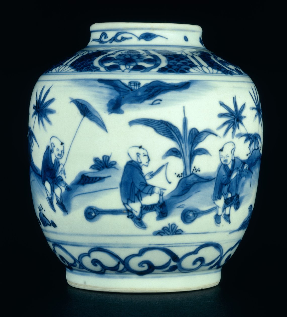 Pot bleu et blanc peint avec des garçons jouant sur des chevaux de bois, Wanli ou Chongzheng, 1600-30 (porcelaine) - Chinese School