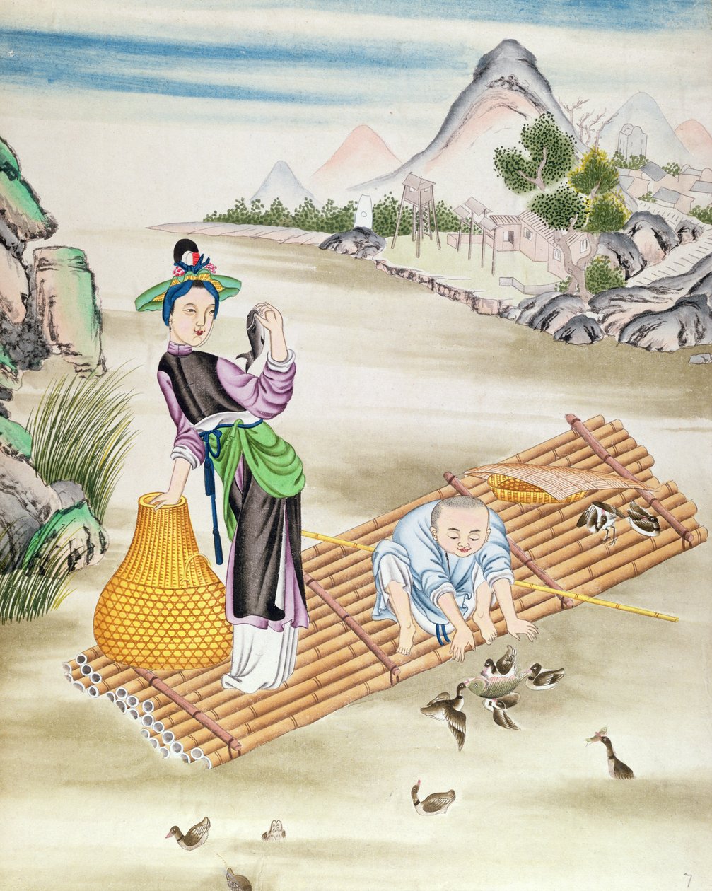 Chinois utilisant des cormorans pour pêcher - Chinese School