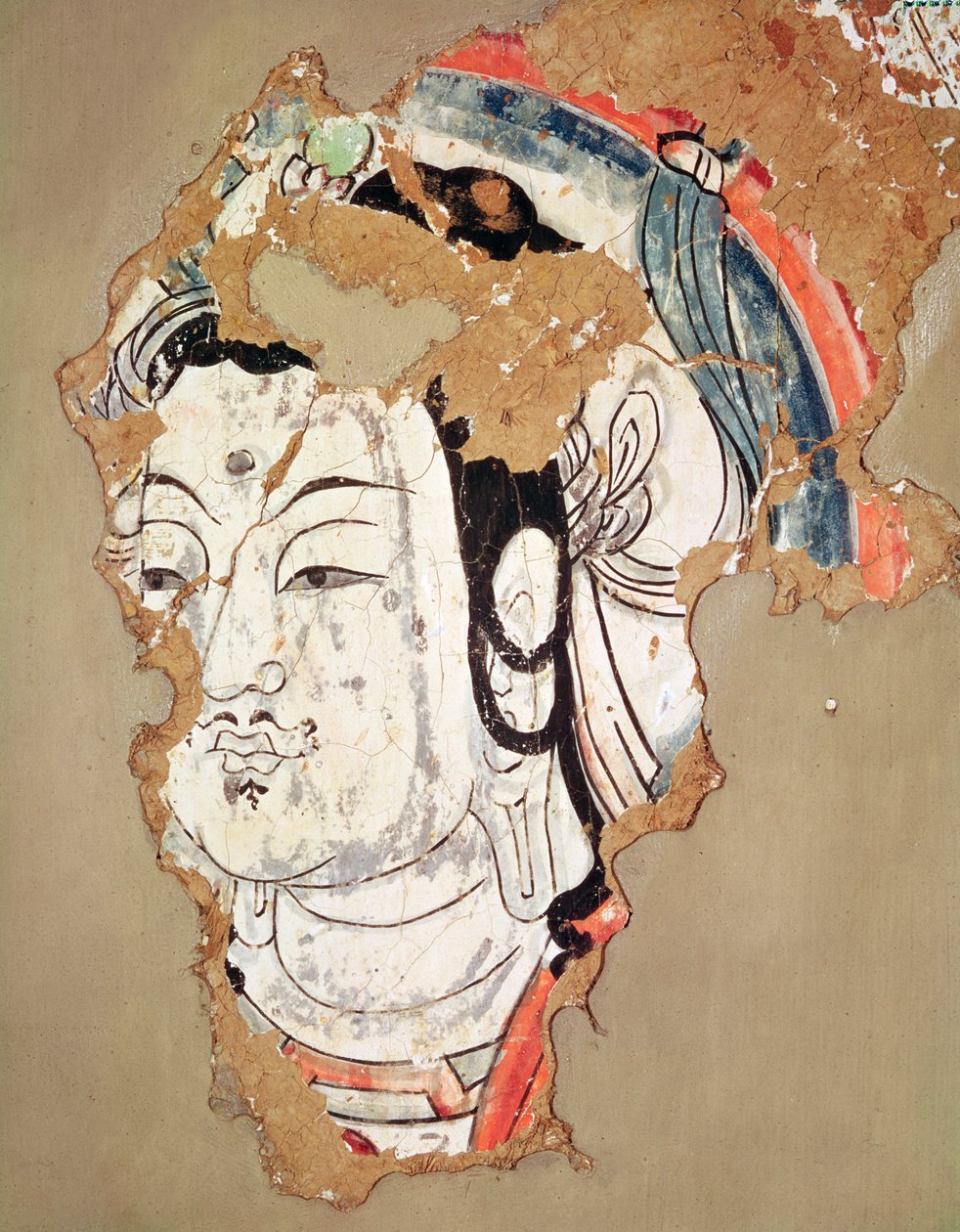 Tête de Bouddha avec un halo, de Kao-chang, Xinjiang, Turkestan chinois, 8e-9e siècle - Chinese School
