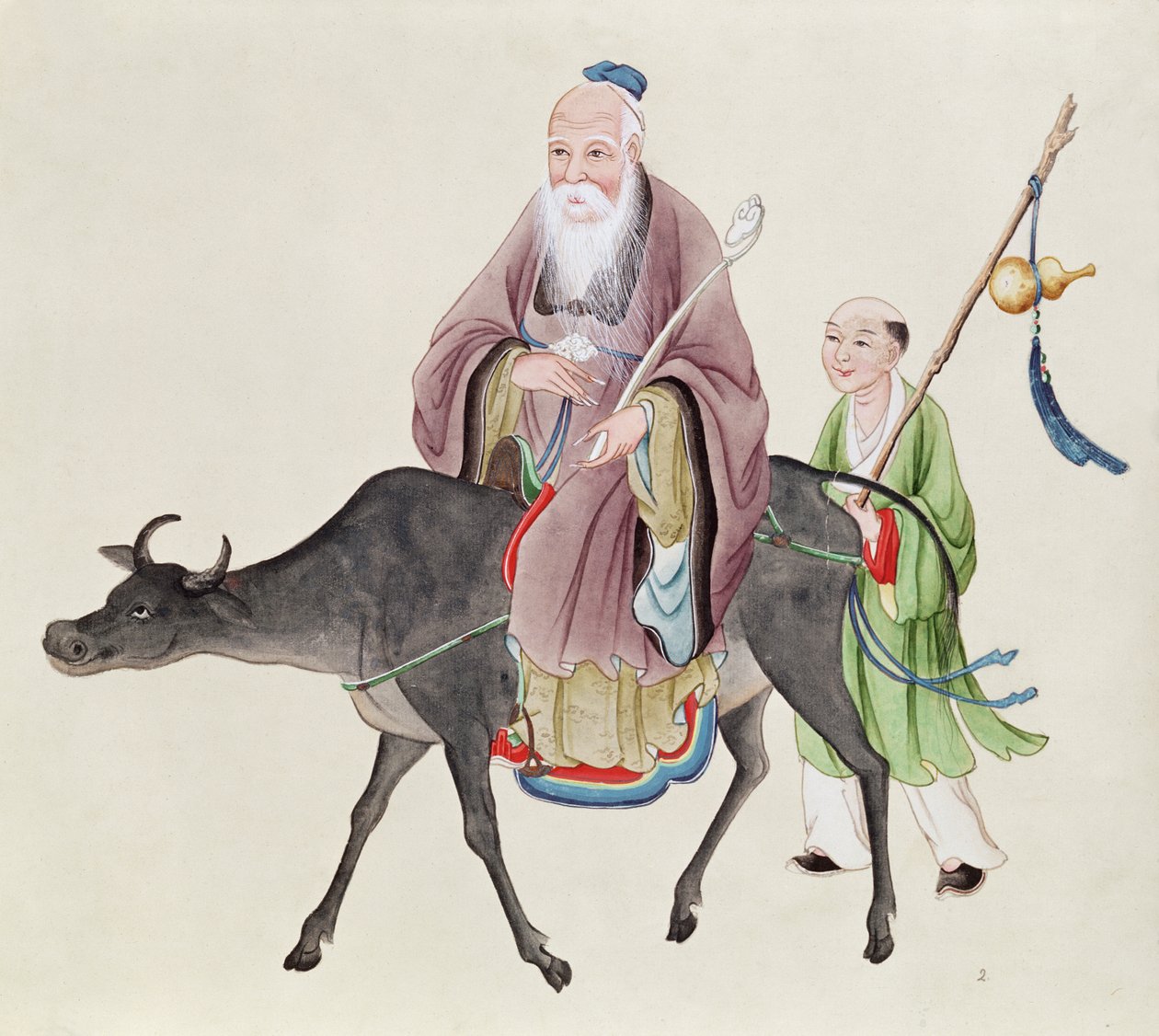 Lao-Tzu (c.604-531) sur son buffle, suivi par un disciple - Chinese School