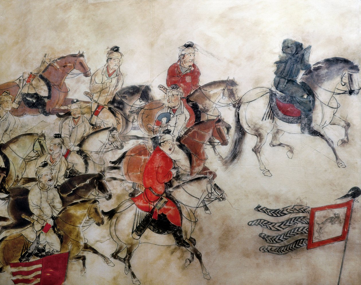 Tombe du Prince Zhanghuai, scène de chasse avec chevaux, Xian, période Han, 706 (fresque) - Chinese School