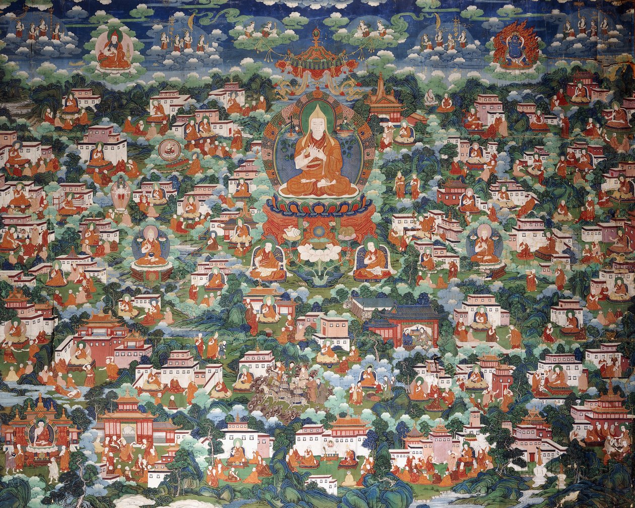 Tsong-Kha-Pa, assis sur un lotus, entouré de divers disciples - Chinese School