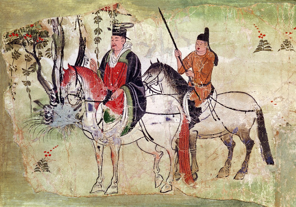 Deux cavaliers dans un paysage ou, Le Boddhisatva et son écuyer, période Tang - Chinese School