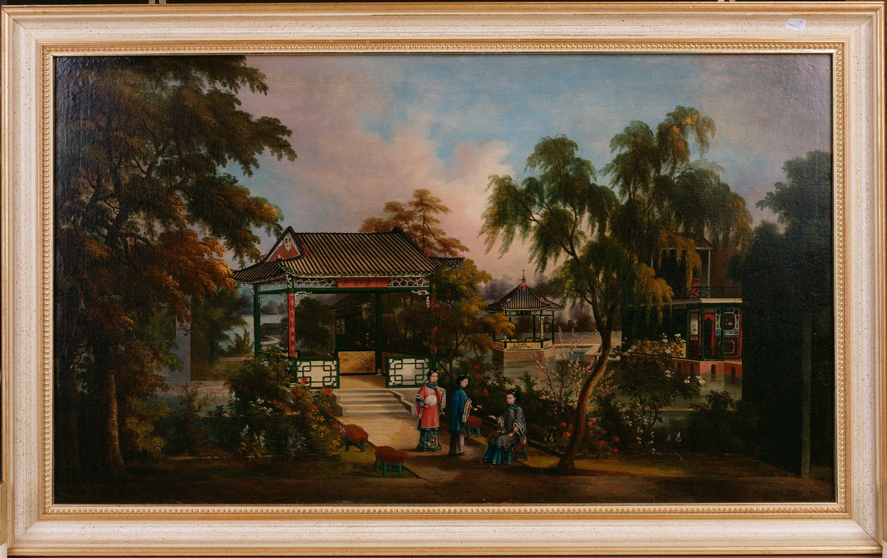 Vue du jardin de Howqua à Canton avec des dames près d