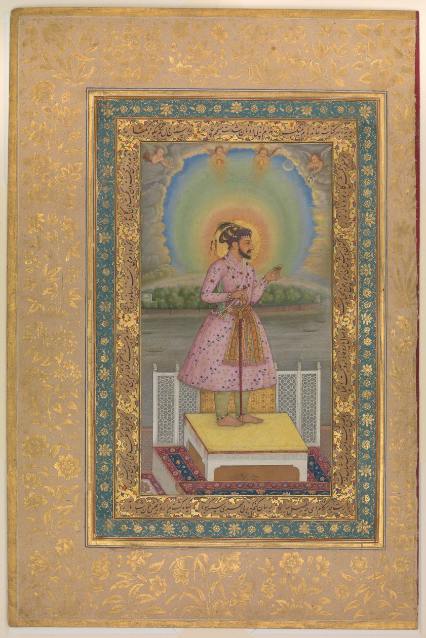 Shah Jahan sur une terrasse, tenant un pendentif avec son portrait, folio de l
