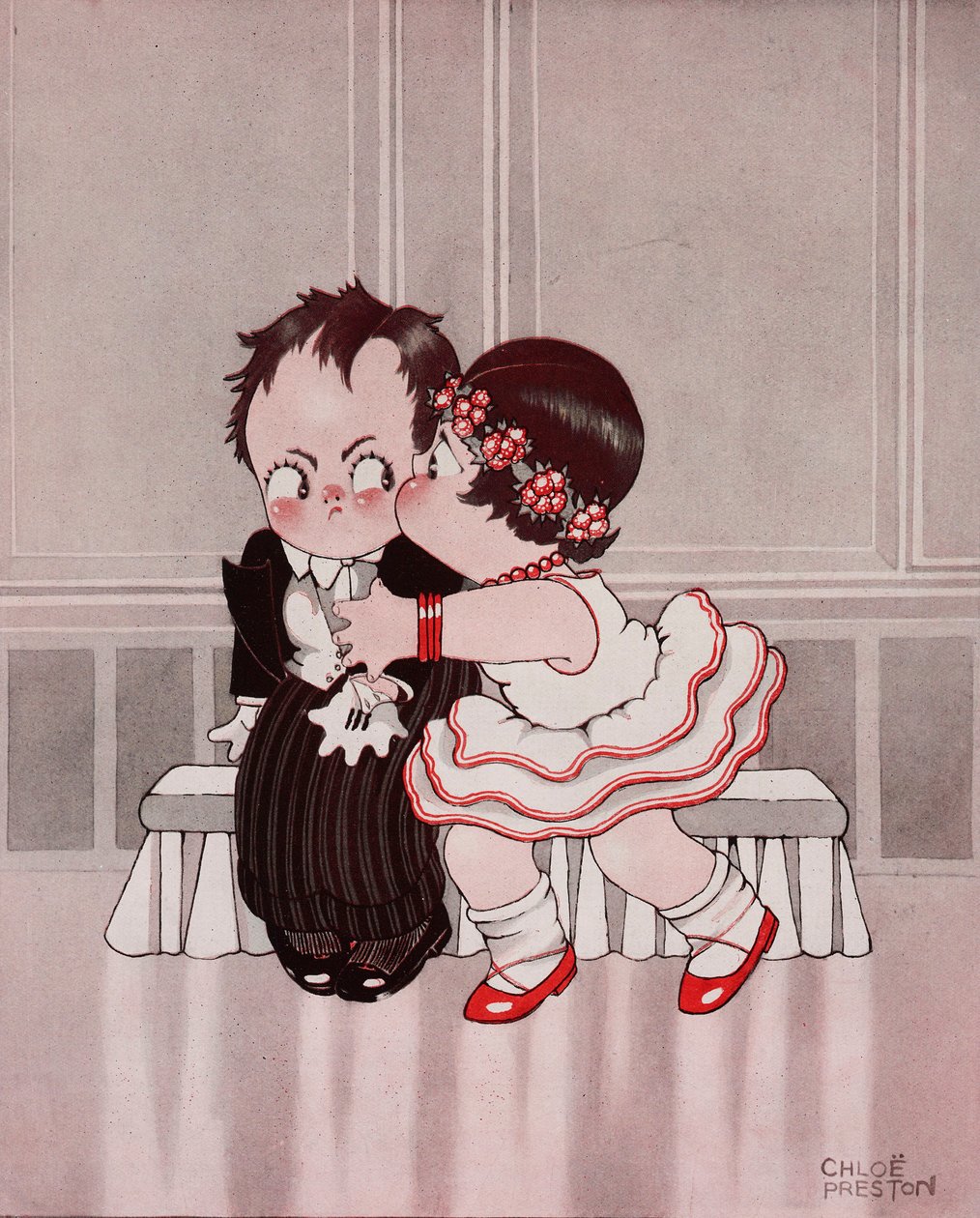 The constant nymph, The annoying kiss, dessin de Chloe Preston (1887-1969) tiré du Tatler, n° 1370, 28 septembre. - Chloe Preston