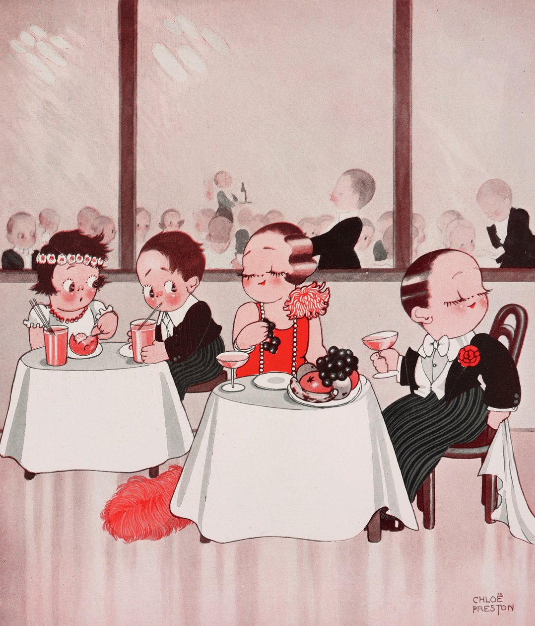 Town mice and country mice, Refined citizens vs unrefined countrymen, restaurant scene, dessin de Chloe Preston (1887-1969) tiré de The Tatler, No 1384, January 4 - Chloe Preston
