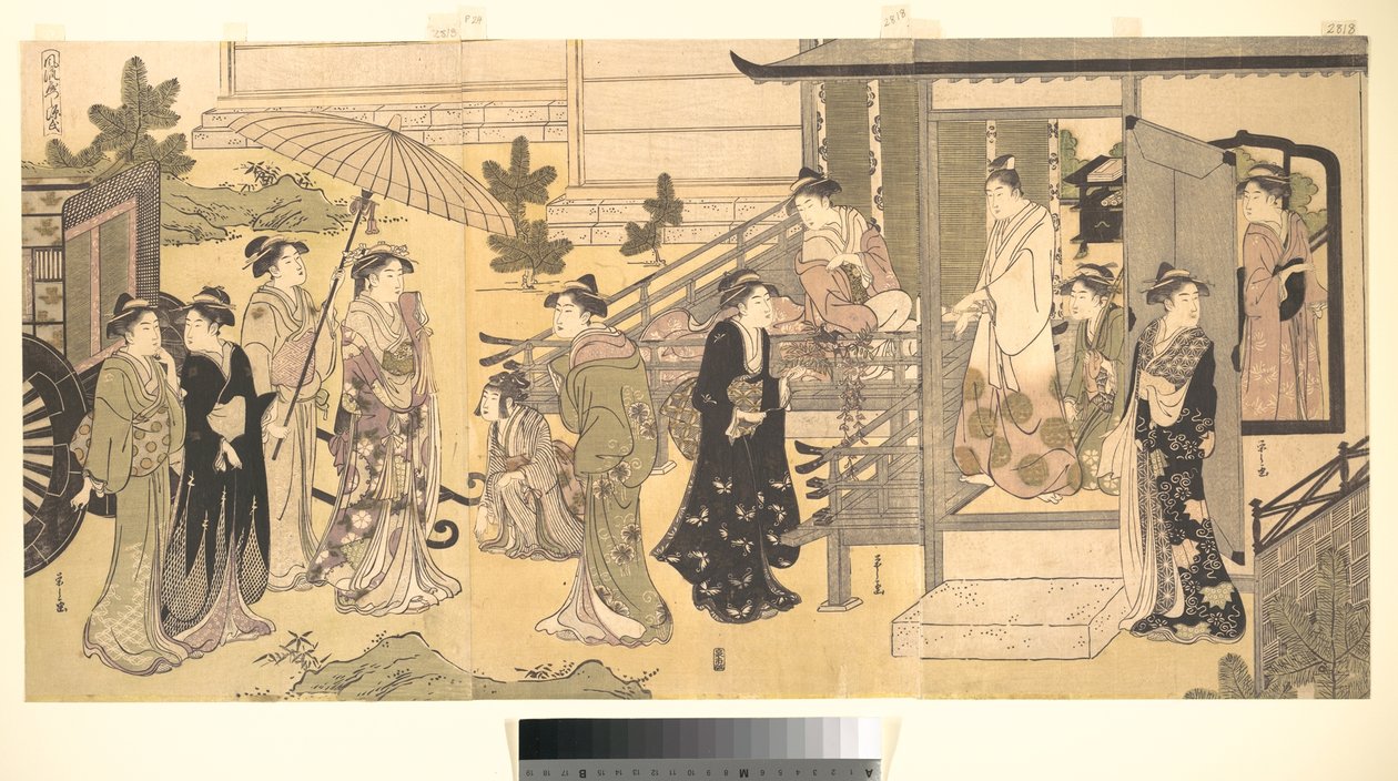 Une scène déguisée du Dit du Genji (Fūryū Yatsushi Genji), chapitre 33, «Feuilles de glycine (Fuji no uraba)» - Chobunsai Eishi