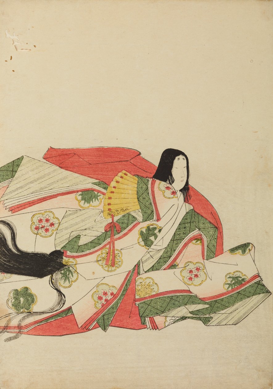 Dame de cour assise avec un éventail jaune, planche de l