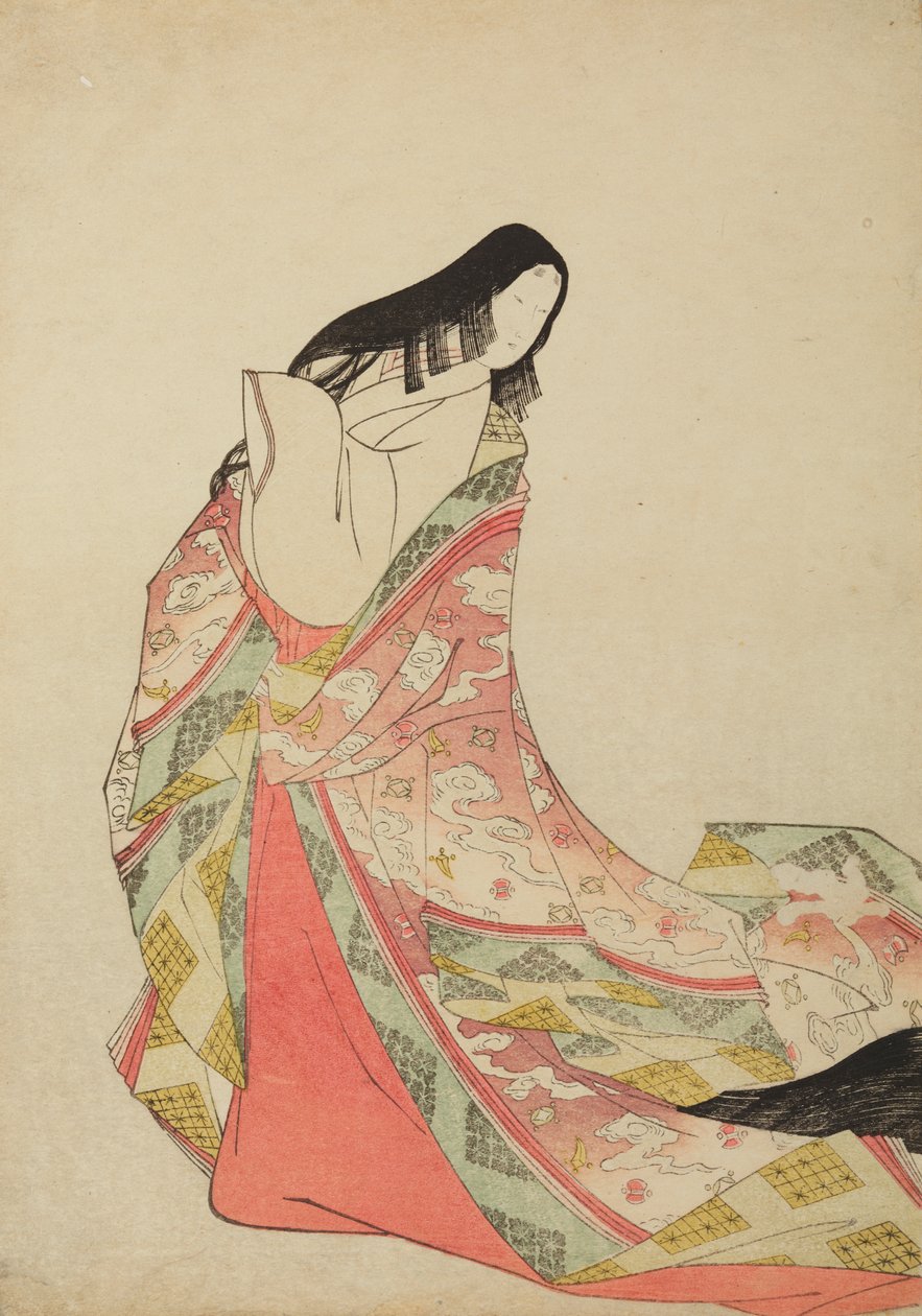 Dame de cour debout dans une robe rose lilas glissée de ses épaules, planche de l