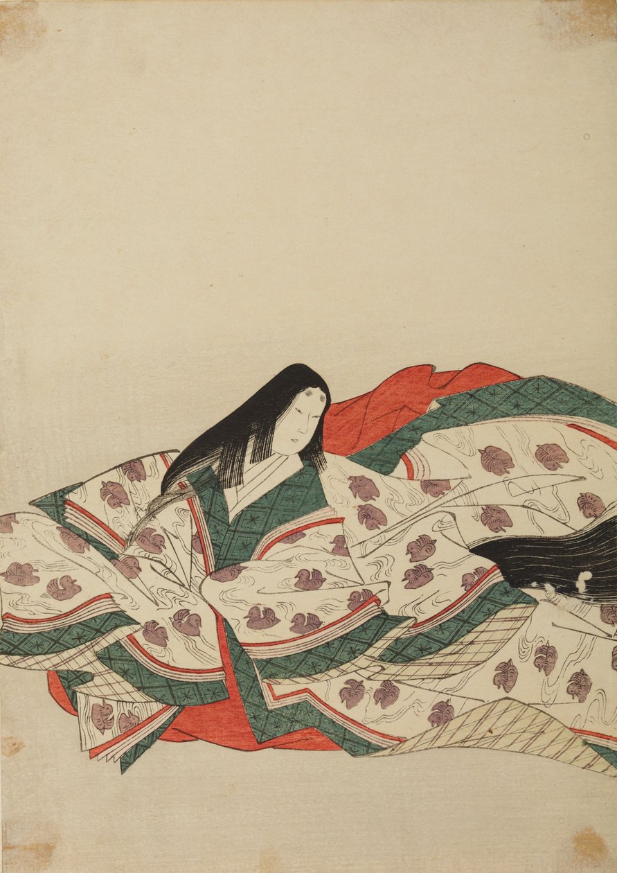 Dame de cour en kimono blanc à motif de canetons sur l