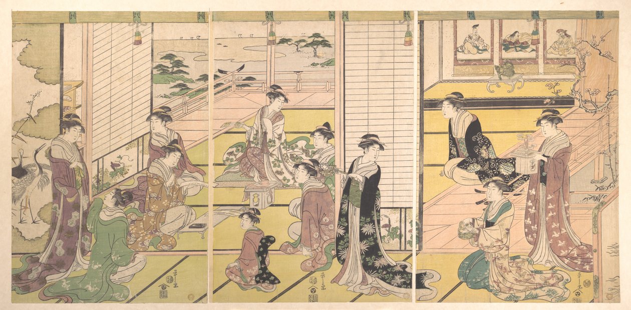 Hommage aux trois dieux de la poésie : femmes composant des poèmes - Chobunsai Eishi