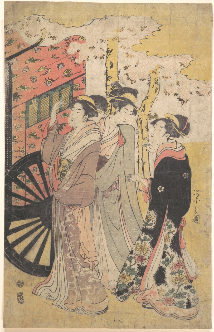 Dame dans une voiture de cour regardant les cerisiers en fleurs - Chobunsai Eishi