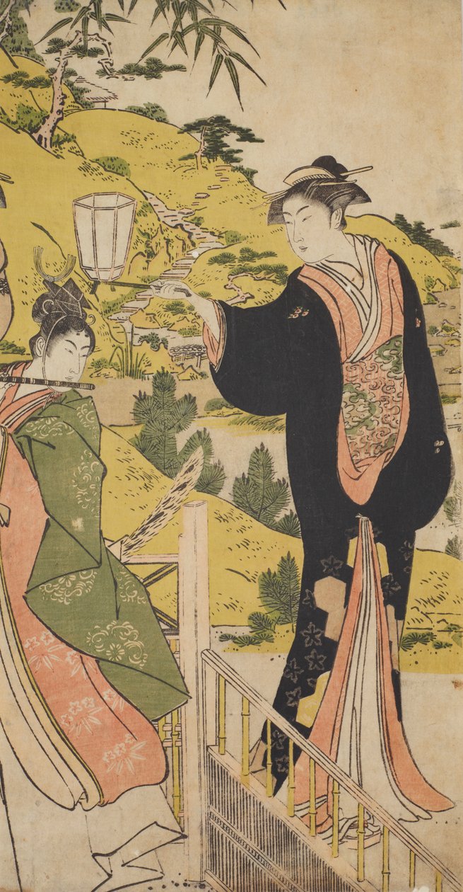 Junger Mann, der Flöte spielt, und Frau mit Laterne - Chobunsai Eishi