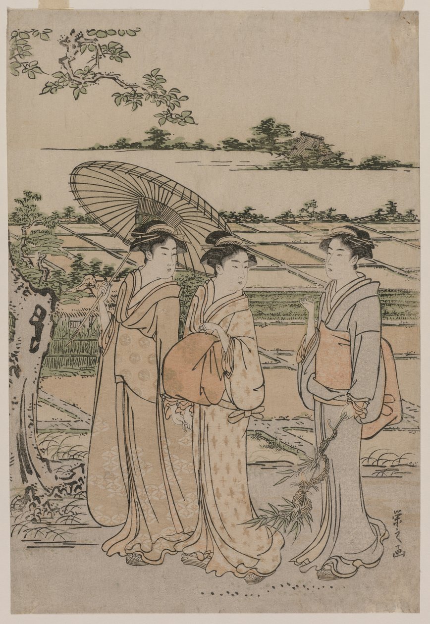Trois femmes se promenant à la campagne - Chobunsai Eishi