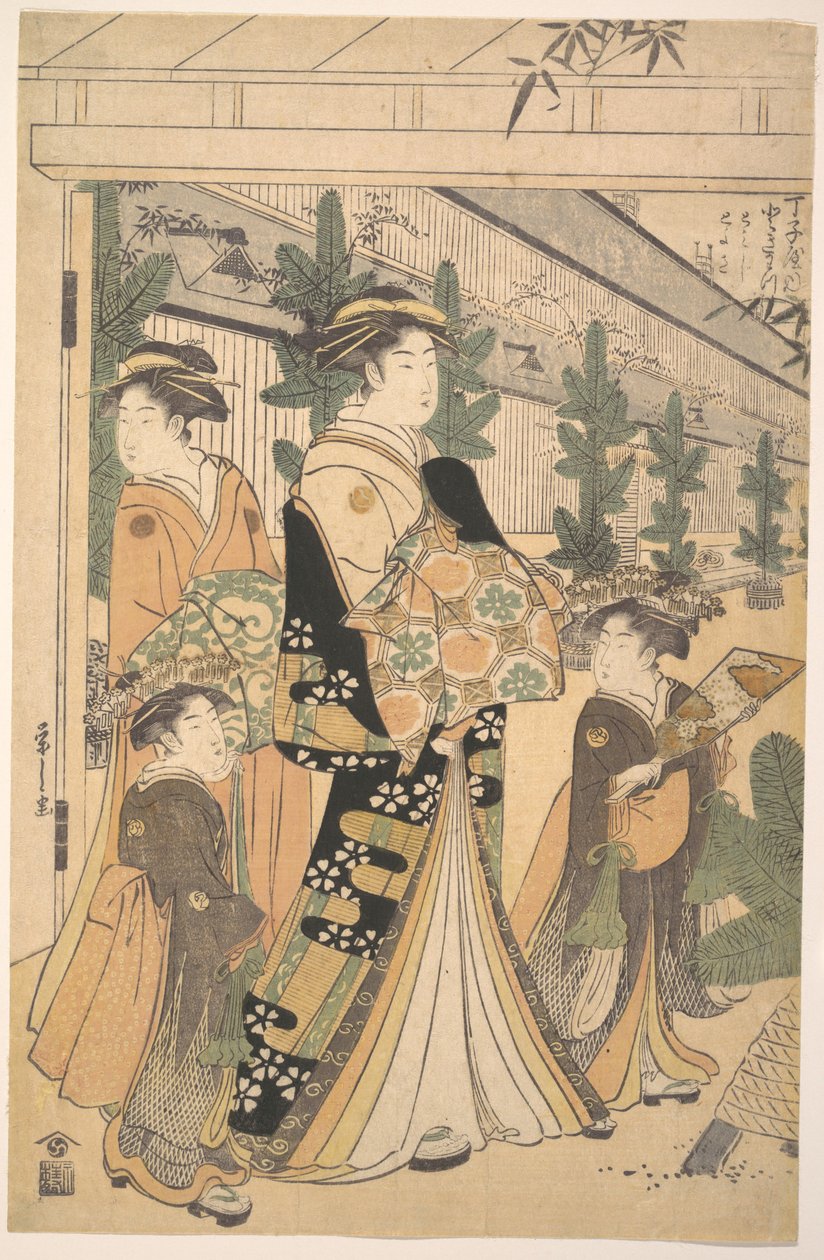 Deux oiran accompagnées de deux servantes à Yoshiwara - Chobunsai Eishi
