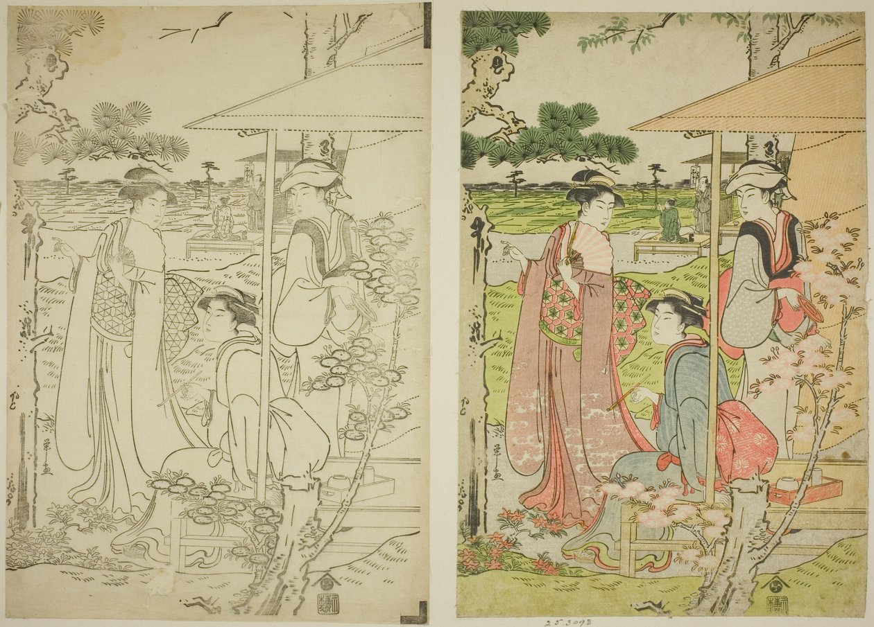 Vue des cerisiers en fleurs depuis une maison de thé sur la colline Asuka - Chobunsai Eishi