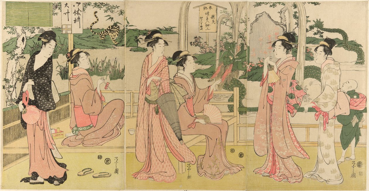 Femmes regardant un dragon et un tigre faits de pochettes de tabac - Chobunsai Eishi