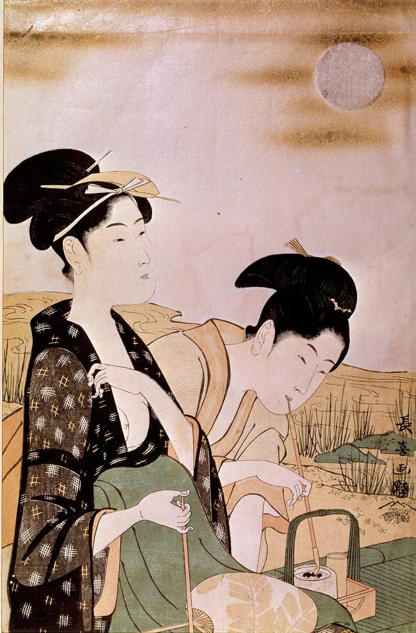 Admirant la lune : deux femmes fumant. Estampes par Choki Eishosai (actif fin 18ème siècle-début 19ème siècle) - Choki Eishusai
