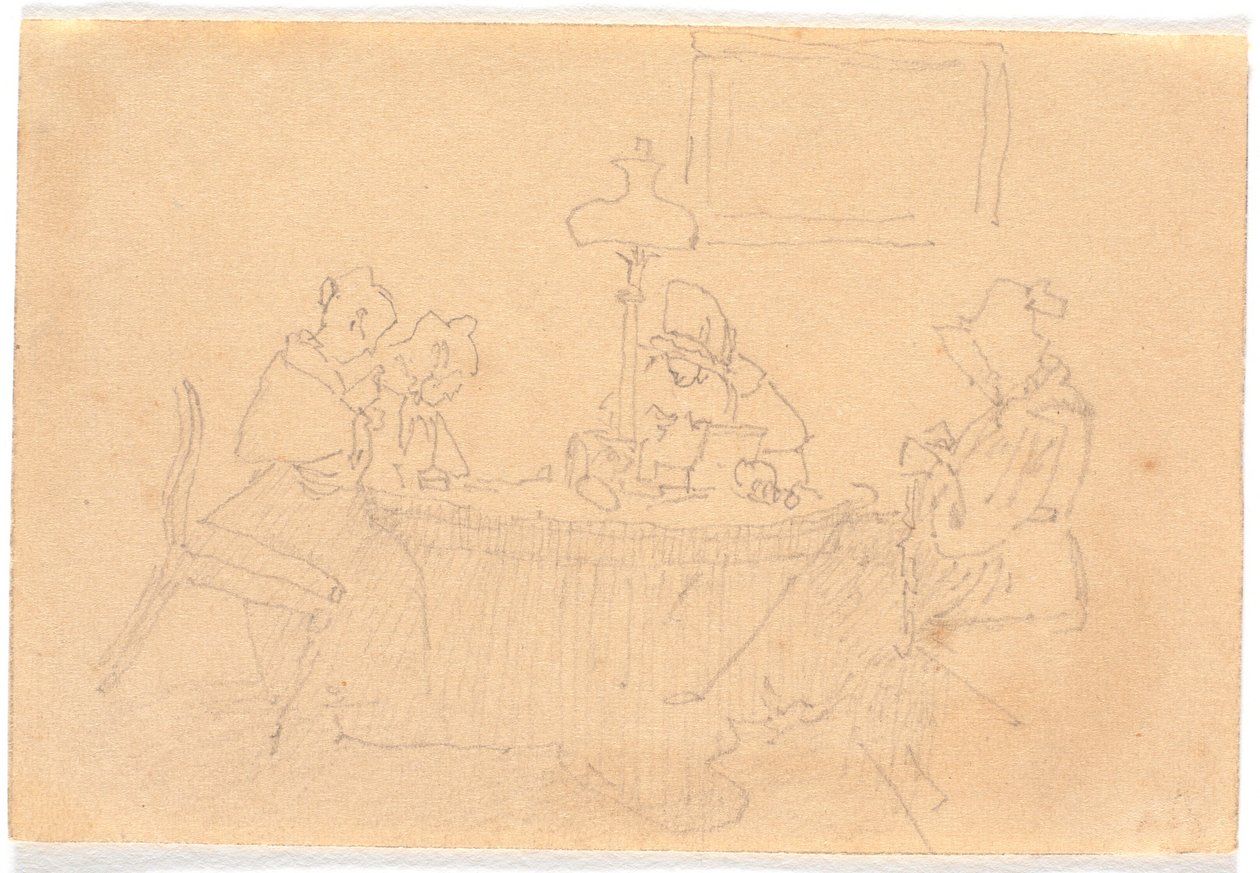 Intérieur du soir. Quatre dames autour d