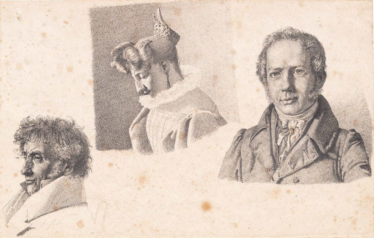 Feuille avec trois portraits : Maître boulanger Købke, Sophie Krohn et N. Feilberg - Christen Købke