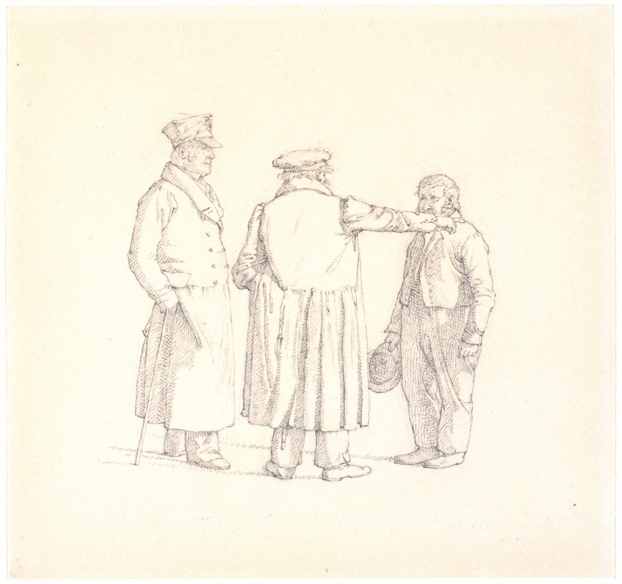 Trois personnes en conversation; de dos au centre le maître boulanger Købke, à gauche le major Krohn et à droite le sergent d