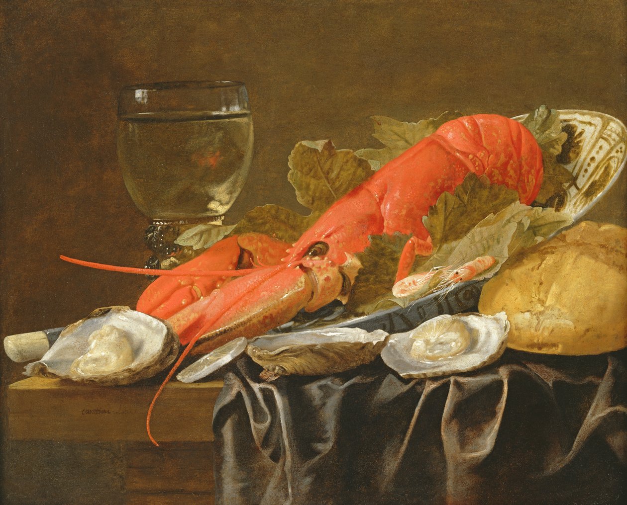 Nature morte avec homard, crevette, roemer, huîtres et pain - Christiaan Luykx or Luycks