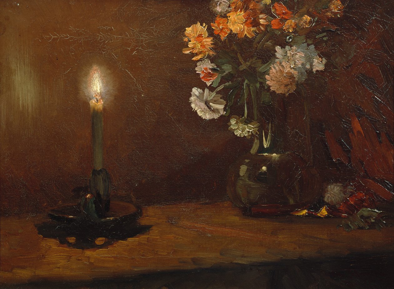 Arrangement avec bougie et fleurs dans un vase - Christian Eriksen Skredsvig