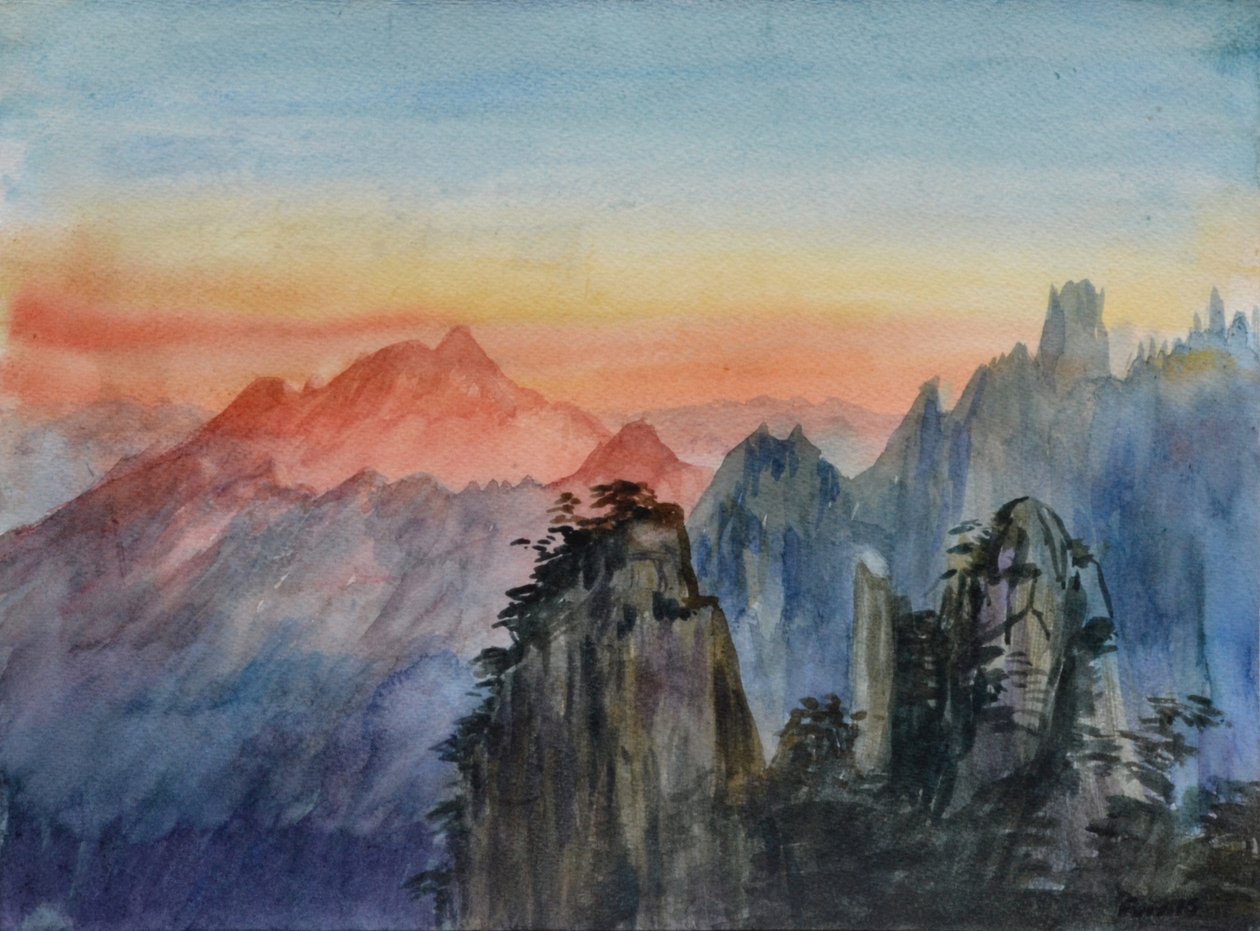 Lumière de Bouddha - Lever de soleil sur la montagne rose, 2015 (aquarelle sur papier) - Christian Furr