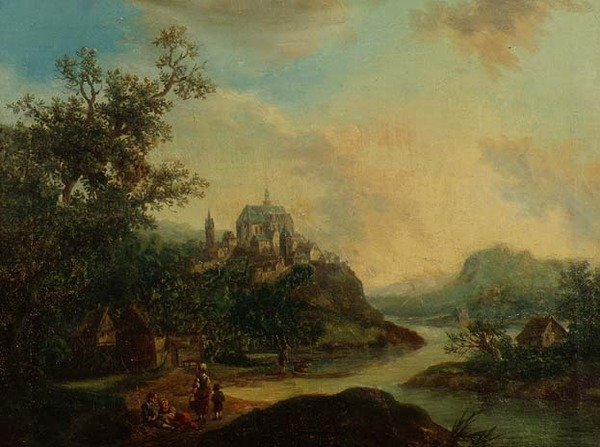 Vue du Rhin avec des personnages au premier plan et une ville fortifiée sur une colline au loin - Christian Georg II Schutz or Schuz