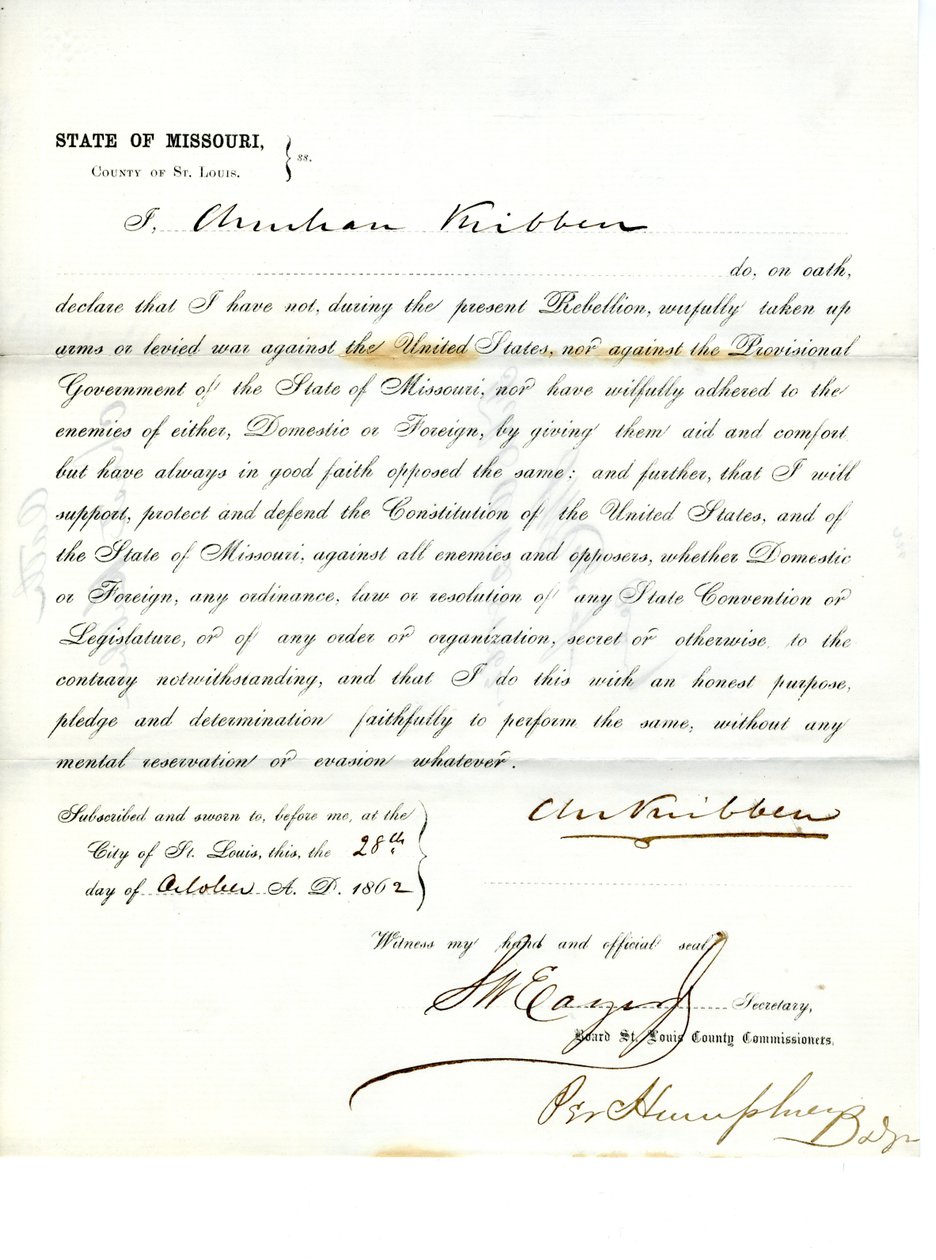 Serment de loyauté de Christian Kribben du Missouri, comté de St. Louis - Christian Kribben