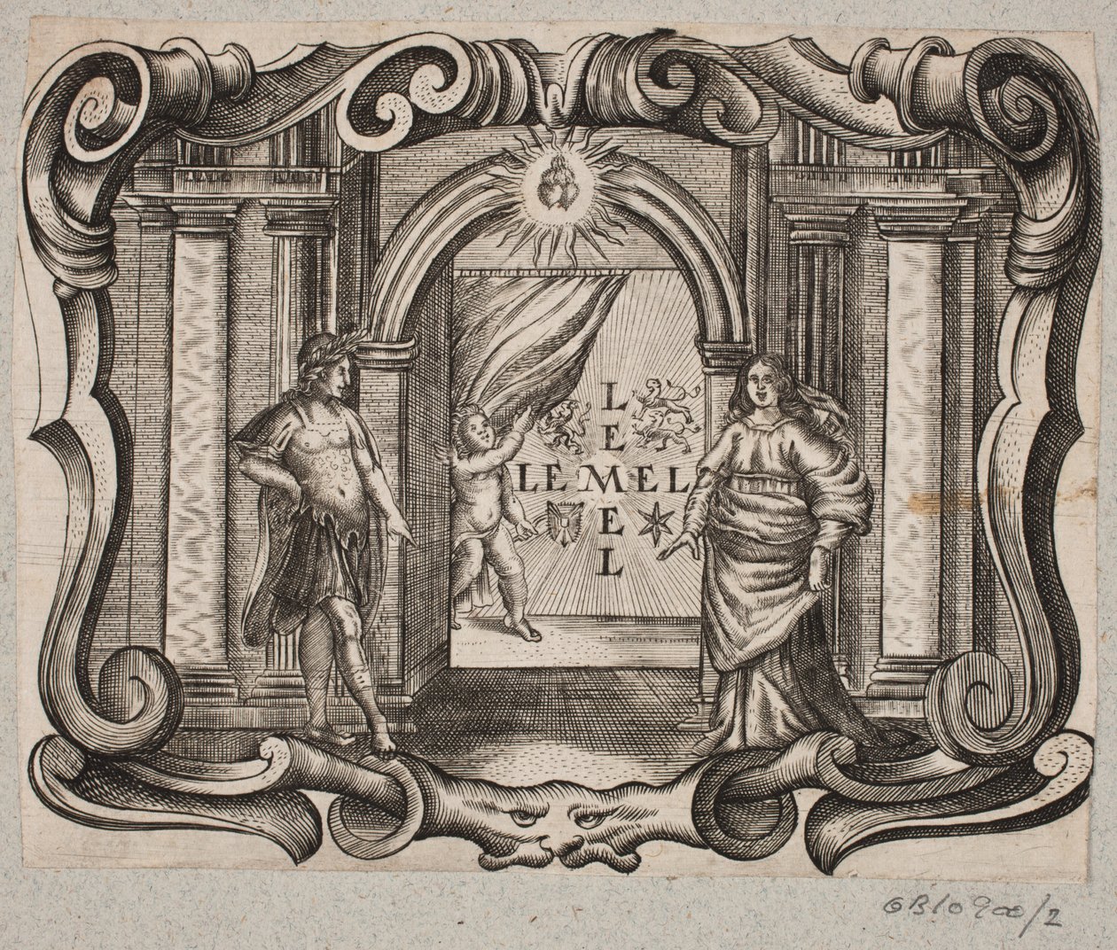 Emblème avec portail, homme et femme, amourin et deux cœurs brûlants - Christian Rothgiesser
