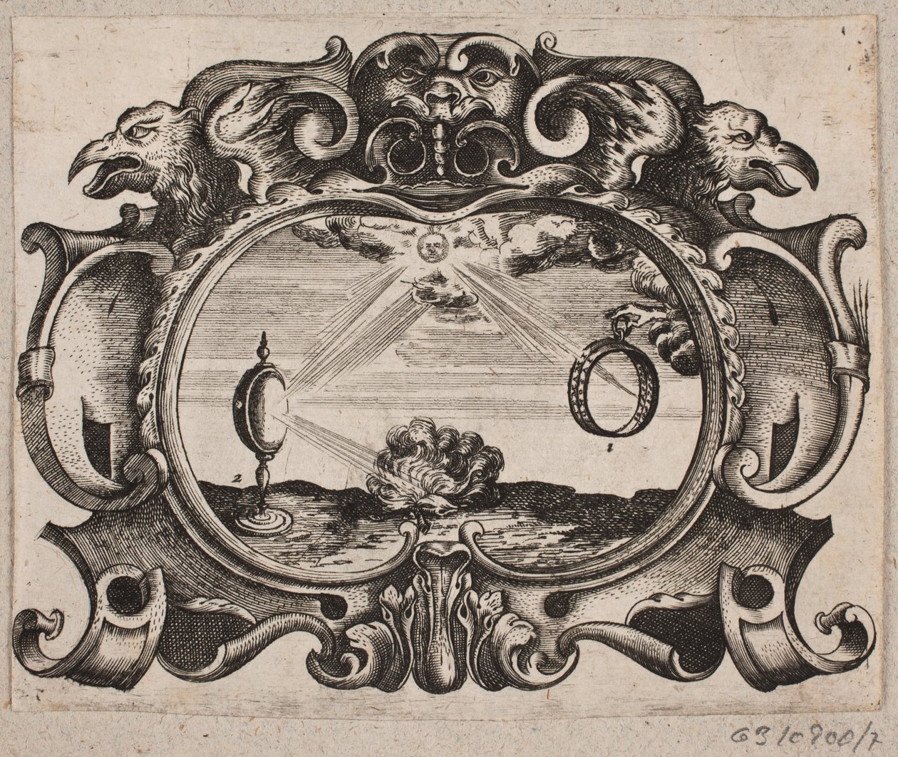 Emblème avec soleil rayonnant à travers un anneau et une lentille, allumant un feu - Christian Rothgiesser