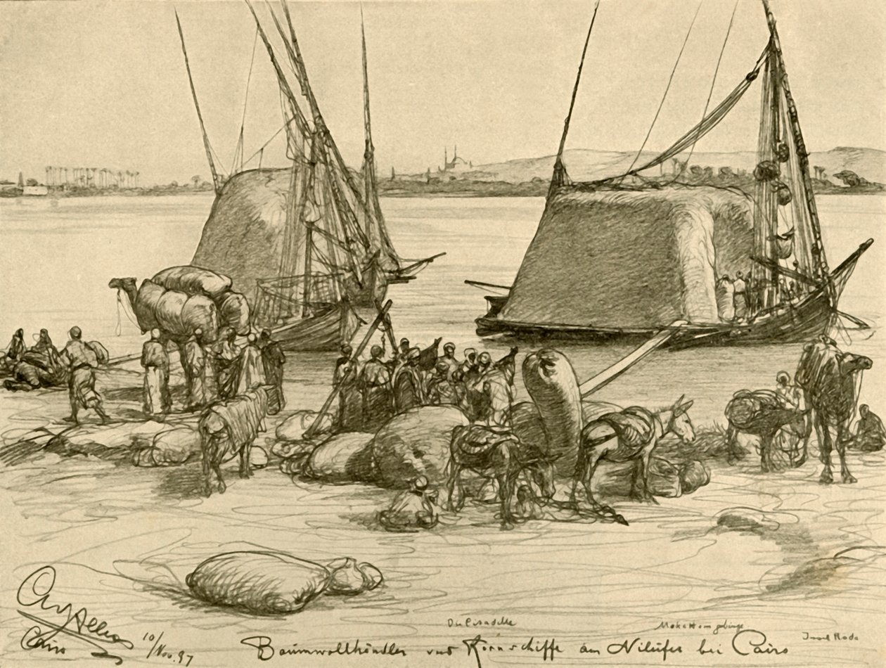 Chargement de coton sur des bateaux à grains, Rivière Nil, Le Caire, Égypte, 1898 - Christian Wilhelm Allers