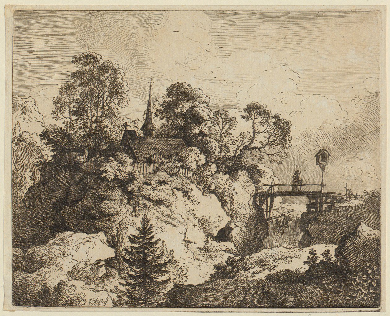 Un paysage avec un ermite sur un pont [L